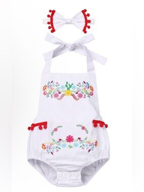 White Floral Embroidered Baby Romper with Red Pom Headband 18-24 Months